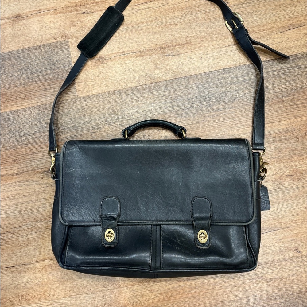 Coach Black Leather Messenger Bag with Adjustable Strap and Top Handle #5275